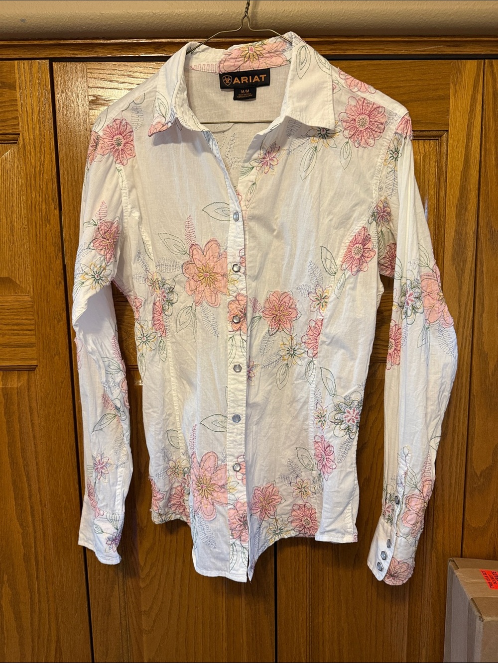 Ariat White Snap Button-Down Shirt with Pink Floral Print-Medium